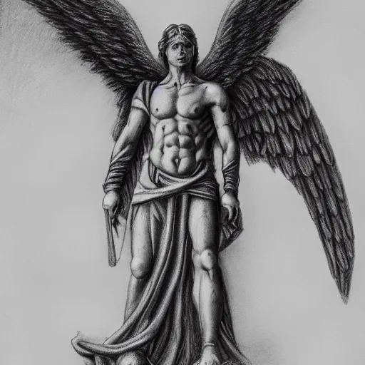 Prompt: mystical heroic angel standing over his fallen army in defeat, pencil drawing, hyper realistic, 4 k,