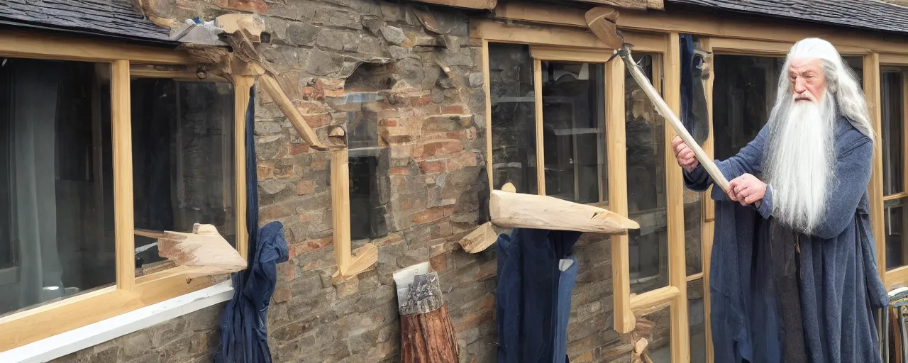 Prompt: Gandalf woodworking and creating old sash window