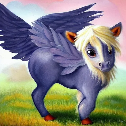 Prompt: a beautiful painting of lil' sebastian with angel wings in heaven