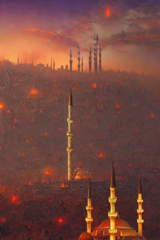 Image similar to skyline of istanbul, cementary scenery, fantasy 3 d render, masterpiece, red aura, by donato giancola and greg rutkowski and wayne barlow and zdzisław beksinski