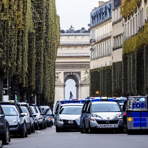 Prompt: a photo of several french police cars parked in a paris street in the morning