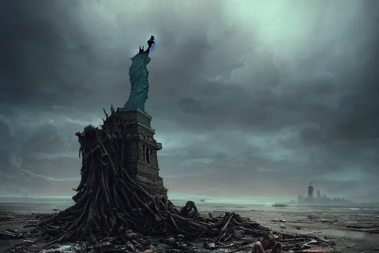 Image similar to a Photorealistic dramatic hyperrealistic render of a ruined destroyed decayed statue of liberty on a desolate beach in a post-apocalyptic world, futuristic nuclear apocalyptic planet of the apes vibe, by WLOP and Artgerm and Greg Rutkowski and Alphonse Mucha, Beautiful dynamic dramatic dark moody lighting, shadows, cinematic atmosphere, Artstation, concept design art, Octane render, 8K, masterpiece