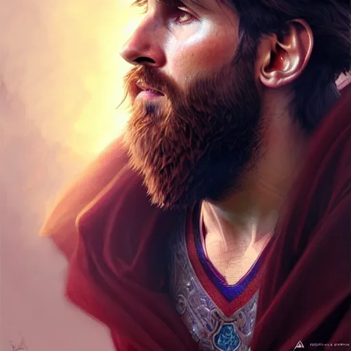 Prompt: Messi with a majestic beard, D&D, fantasy, intricate, elegant, highly detailed, digital painting, artstation, concept art, matte, sharp focus, illustration, art by Artgerm and Greg Rutkowski and Alphonse Mucha
