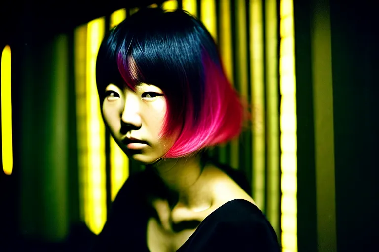 Prompt: photography masterpiece by haruto hoshi and yang seung woo, flash photography portrait of a beautiful japanese woman with dyed hair sitting in a inside a kyabakura night club, shot on a canon 5 d mark iii with a 3 5 mm lens aperture f / 5. 6, full frame dslr, film grain, dynamic composition, high camera angle, hyper realisitc