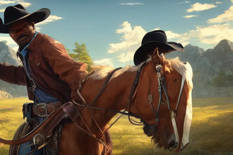 Image similar to old jamie foxx as a cowboy, single subject, scenic full shot, ambient lighting, detailed face, by makoto shinkai, stanley artgerm lau, wlop, rossdraws