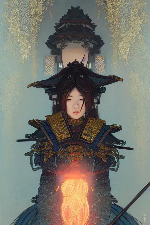 Image similar to portrait armor samurai girl, in ruin fire rainny honnoji temple night, ssci - fi and fantasy, intricate and very very beautiful and elegant, highly detailed, digital painting, artstation, concept art, smooth and sharp focus, illustration, art by tian zi and wlop and alphonse mucha