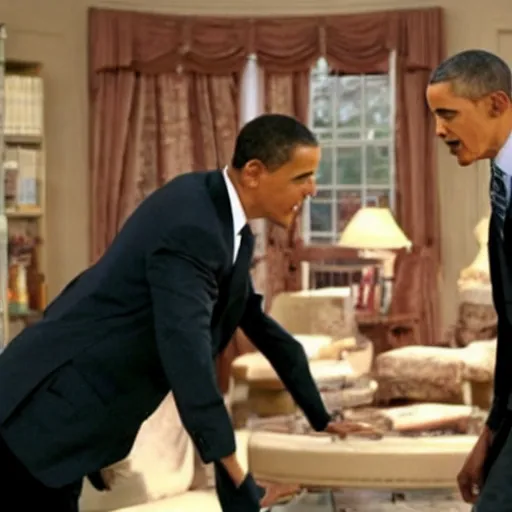 Prompt: still of will smith attacking obama with a flip flop