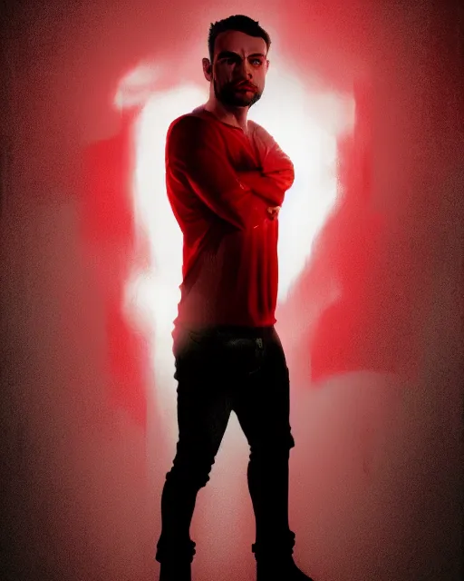 Image similar to Michael Mando as Nacho Varga in red shirt, backlit portrait, black background, cinematic lighting, atmospheric, digital artwork, best of artstation