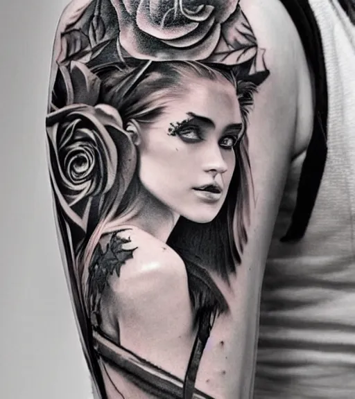 Image similar to tattoo design on white background of a beautiful girl warrior, roses, hyper realistic, realism tattoo, by eliot kohek, beautiful eyes, realistic face, black and white, award winning tattoo