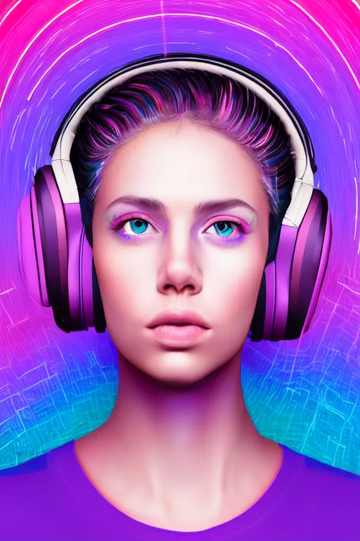 Image similar to a award winning half body portrait of a beautiful woman with stunning eyes in a croptop and cargo pants with ombre purple pink teal hairstyle and wearing headphones on her ears by thomas danthony, surrounded by whirling illuminated lines, outrun, vaporware, digital art, trending on artstation, highly detailed, fine detail, intricate