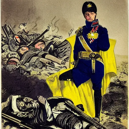 Image similar to a magnificent picture of Volodymyr Zelensky at war, dressed like Napoleon Bonaparte, his clothes are torn and dirty, he is sitting between dead corpses and weeping, holding a half burnt blue and yellow flag of Ukraine, in the style of Roy Lichtenstein