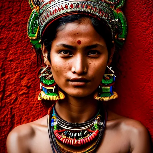 Prompt: portrait of a stunningly beautiful and alluring nepalese tribal female, depth of field, zeiss lens, detailed, symmetrical, centered, fashion photoshoot, by annie leibovitz and steve mccurry, david lazar, jimmy nelsson, breathtaking, 8 k resolution, extremely detailed, beautiful, establishing shot, artistic, hyperrealistic, beautiful face, octane render