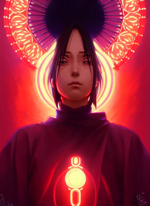 Image similar to symmetry!! itachi, glowing lights!! intricate, elegant, highly detailed, digital painting, artstation, concept art, smooth, sharp focus, illustration, art by artgerm and greg rutkowski and alphonse mucha