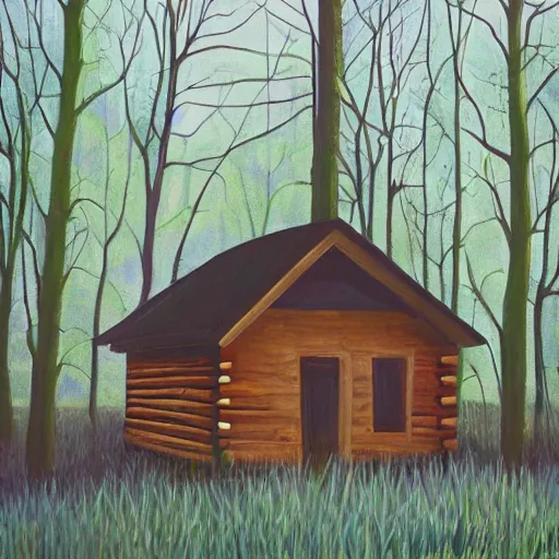 Prompt: a painting of a Eerie cabin in the middle of the woods in the style of minimalism