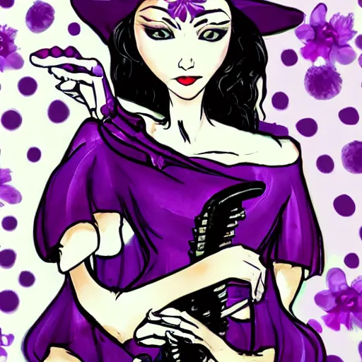 Image similar to the xenomorph queen wearing a purple floral dress and purple wide rimmed hat