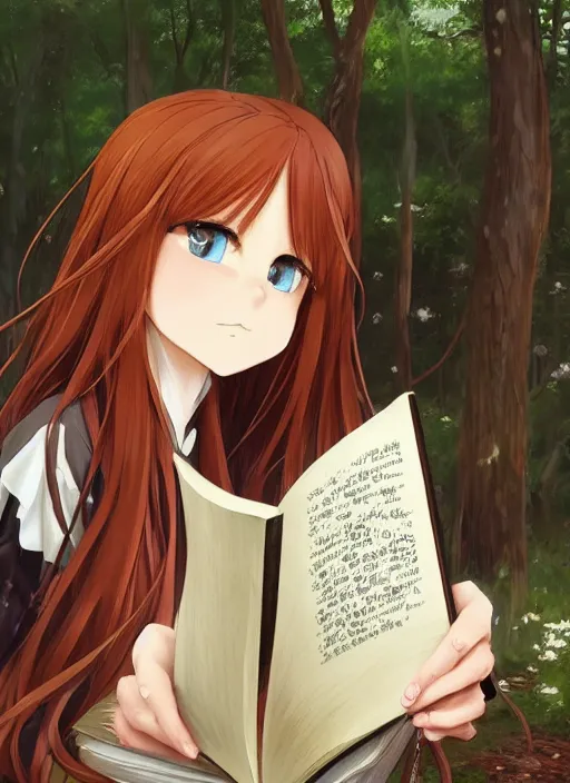 Image similar to a close up of a victorian maid with long flowing auburn hair sitting in a forest reading a book. cute anime eyes. by makoto shinkai, stanley artgerm lau, wlop, rossdraws, james jean, andrei riabovitchev, marc simonetti, krenz cushart, sakimichan, trending on artstation, digital art.