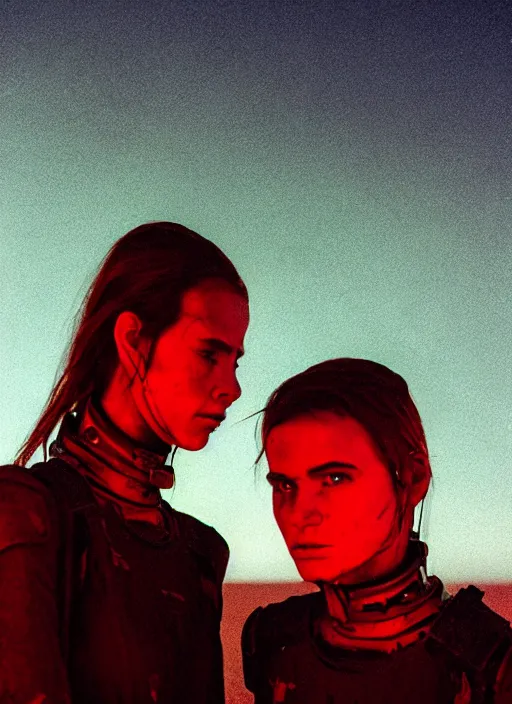 Image similar to cinestill 5 0 d photographic portrait of two loving female androids wearing rugged black techwear on a desolate plain with a red topographic holographic sky, extreme closeup, cyberpunk style, dust storm, 8 k, hd, high resolution, 3 5 mm, f / 3 2, ultra realistic faces, ex machina