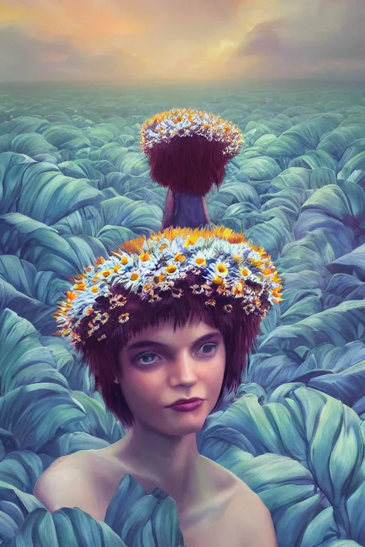 Prompt: closeup, giant daisy flower crown head, girl between monsteras, surreal photography, wind and cold, dramatic sky, impressionist painting, digital painting, artstation, simon stalenhag