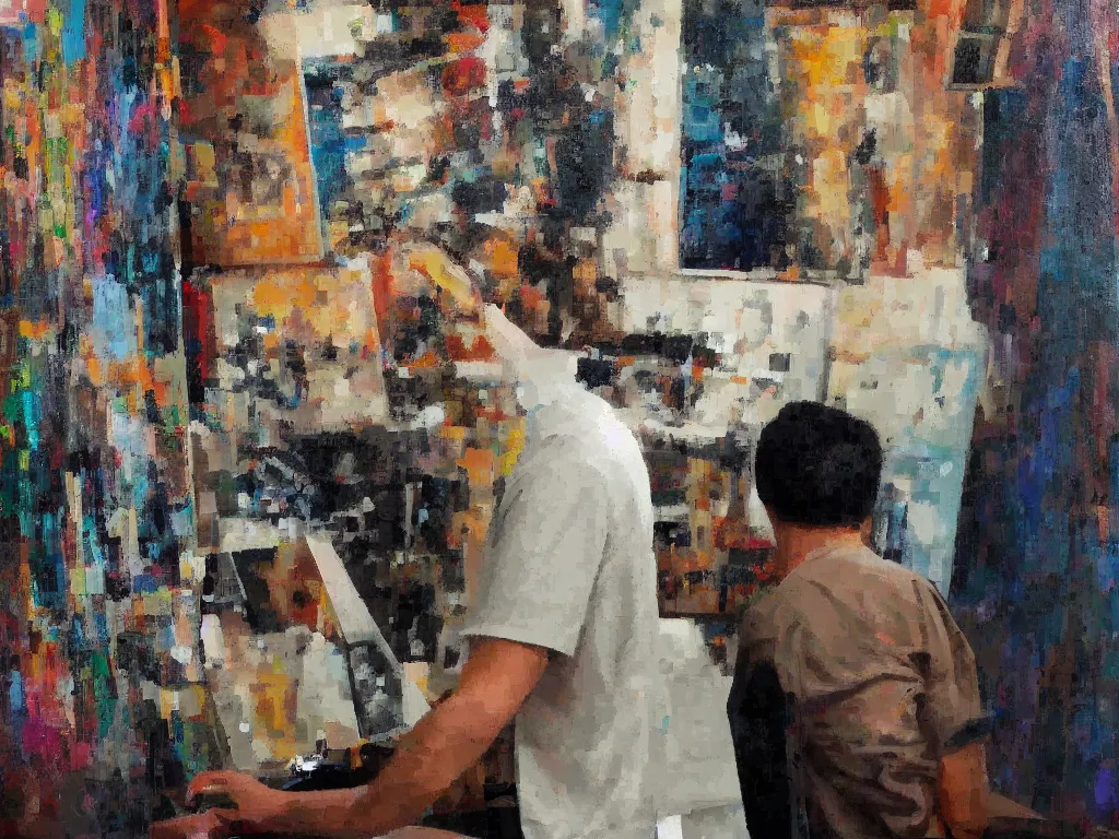 Image similar to an artificial intelligence painting a masterpiece self - portrait in his studio