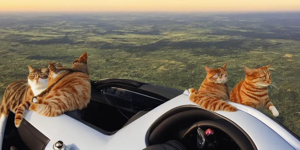 Image similar to birds eye view of convertible, cat homies chilling in car, paws on steering wheel, golden hour, clear sky