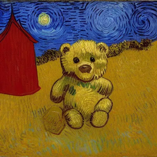 Image similar to vincent van gogh painting of a yellow teddy bear wearing a red shirt, sunset, lake