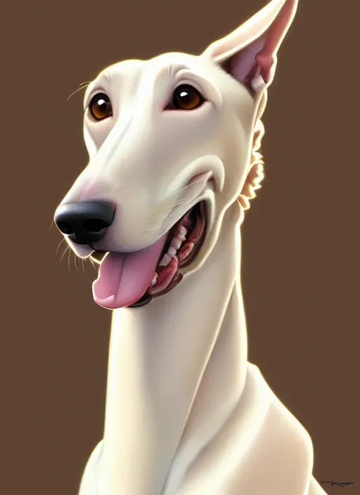 Image similar to cute white brown greyhound happy, natural lighting, path traced, highly detailed, high quality, digital painting, by don bluth and ross tran and studio ghibli and alphonse mucha, artgerm
