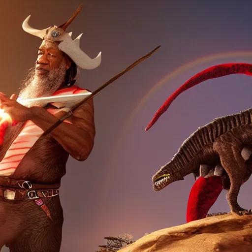 Image similar to morgan freeman riding a velociraptor on a rainbow, wielding a candy cane spear, both wearing a viking hat, unreal engine, realistic, detailed