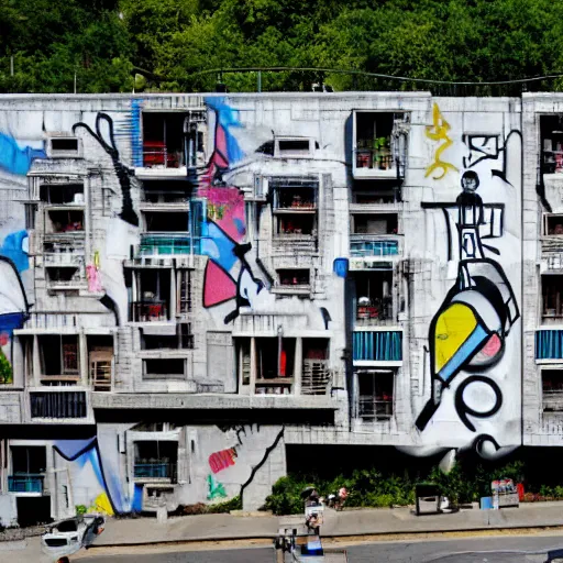 Image similar to habitat 67 covered in street art/graffiti