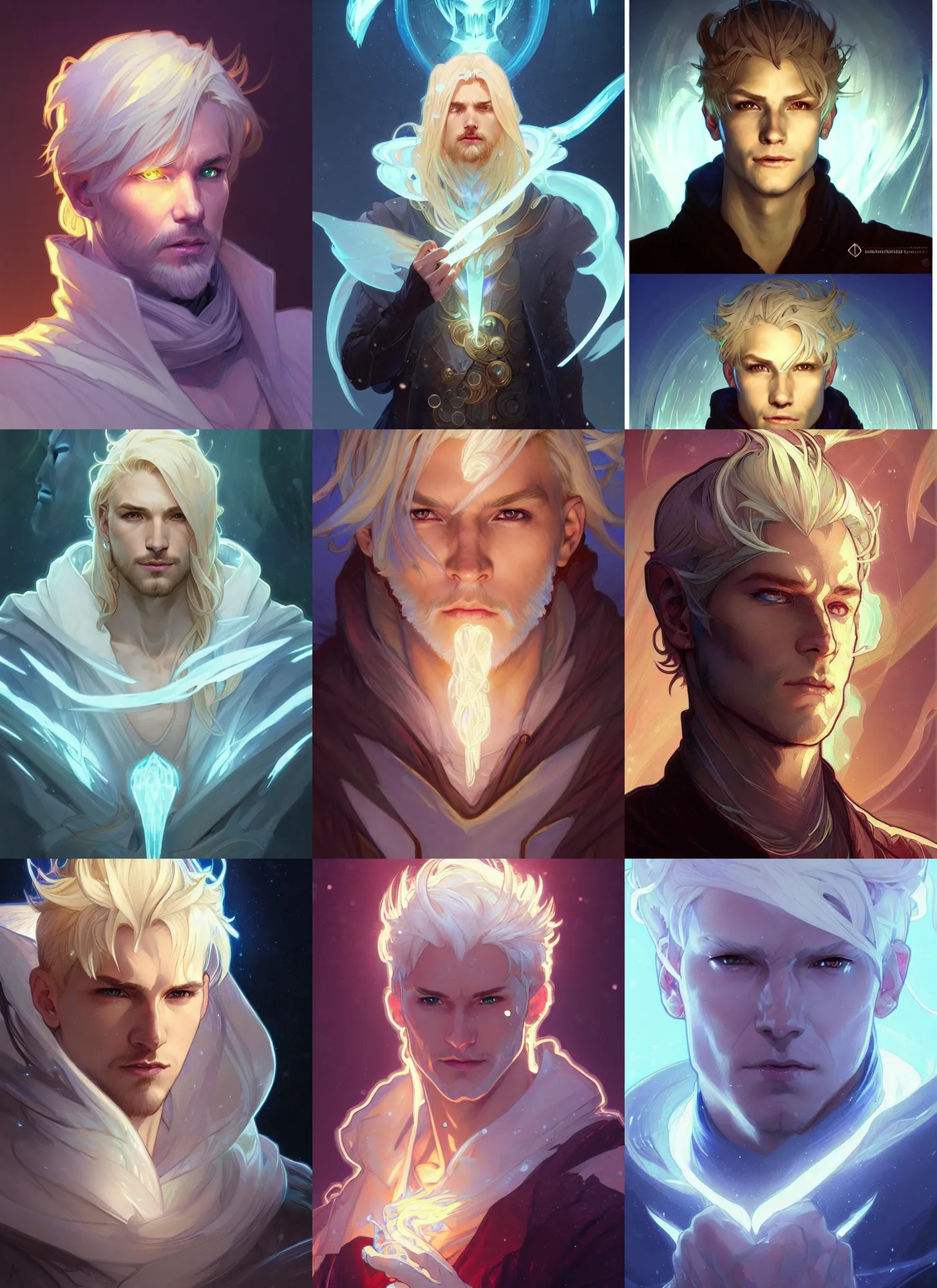 Prompt: digital character concept art by artgerm and greg rutkowski and alphonse mucha. clear portrait of a male ice wizard with blonde hair, light effect. hyper - detailed, glowing lights!!, bioluminescent, intricate, elegant, digital painting, artstation, smooth, sharp focus