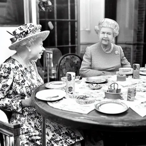 Prompt: Queen elizabeth eating lunch with her stunt double,