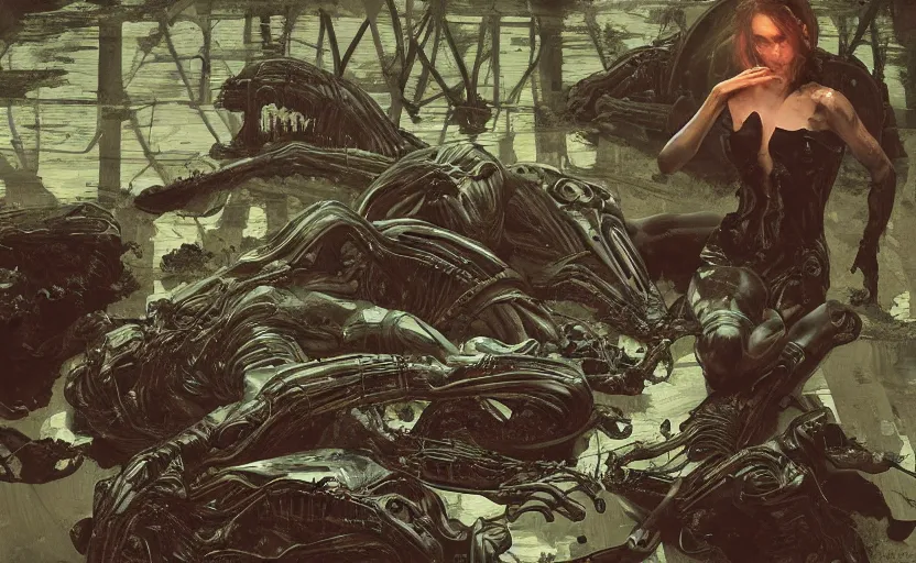 Prompt: digital painting of ovni crash swamp wasteland, alien body parts on the floor, elegant artwork by lee bermejo and greg rutkowski and alphonse mucha