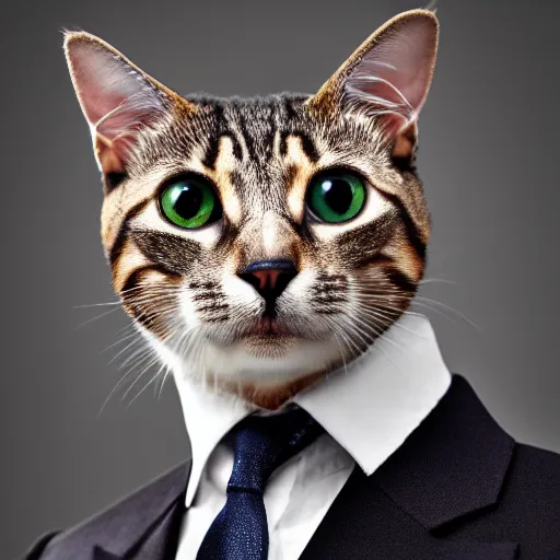Image similar to a high detail shot of a cat wearing a suit, realism, 8k