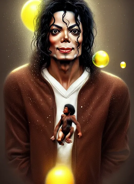 Prompt: portrait of michael jackson hugging bubbles the chimp, intricate, octane render, detailed, beautiful, brown skin, unreal engine, symmetrical, artstation, art by karol bak, art by artgerm, rossdraws, cinematic, concept art, filmic, vsco