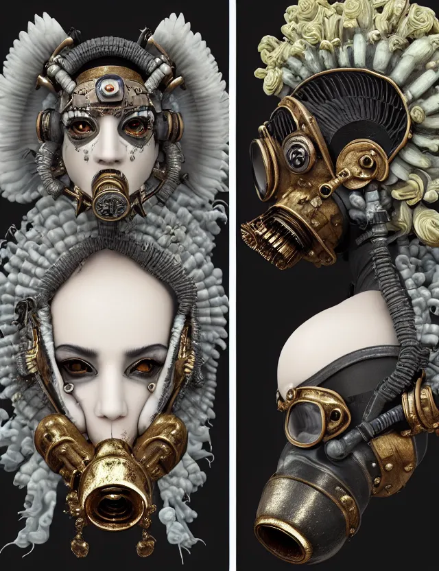 Image similar to 3 d goddess close - up profile punk portrait with vintage gas mask ram skull. beautiful intricately detailed japanese crow kitsune mask and clasical japanese kimono. betta fish, jellyfish phoenix, bio luminescent, plasma, ice, water, wind, creature, artwork by tooth wu and wlop and beeple and greg rutkowski