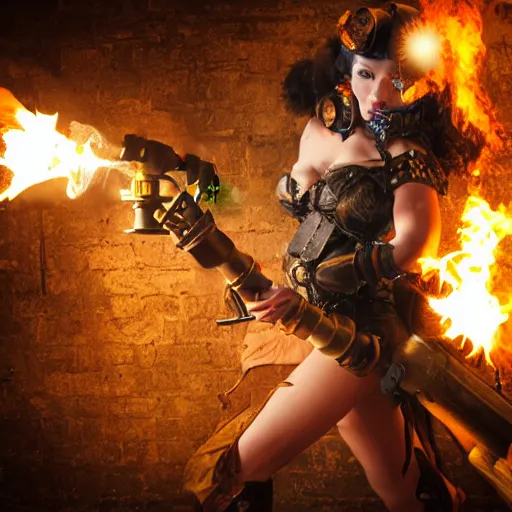 Prompt: photo of steampunk warrior woman with flamethrower