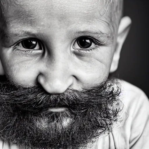 Image similar to a 4 year old boy with old wrinkly skin, wrinkly forehead, looking old, facial hair, natural beard, natural mustache, old skin, lots of wrinkles, age marks, old gray hair, very old, young kid, 4 years old, very young, portrait photo, head shot, concept art, highly detailed