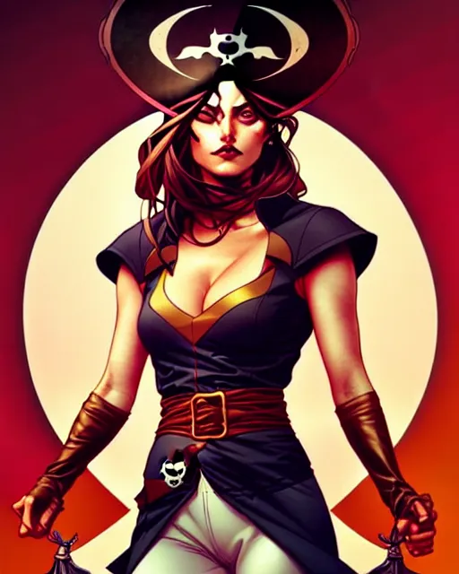 Image similar to artgerm, joshua middleton comic cover art, pretty pirate phoebe tonkin smiling, full body, symmetrical eyes, symmetrical face, long curly black hair, on a pirate ship background, warm colors