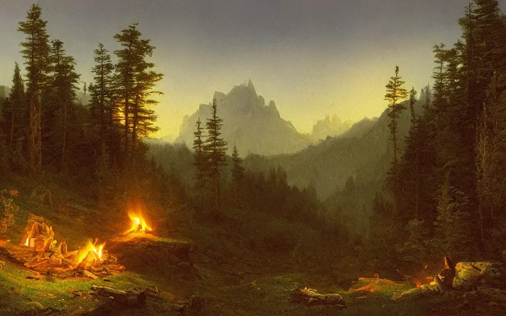 Prompt: small wood cabin with a small campfire on the edge of a forest overlooking a beautiful valley at dusk, mountainous backdrop, cinematic lighting, intricate ink illustration, by albert bierstadt