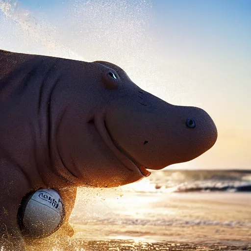 Prompt: a closeup photorealistic photograph of a cute tiger hippo playing volleyball at the beach during sunset. Surf in the background. This 4K HD image is Trending on Artstation, featured on Behance, well-rendered, extra crisp, features intricate detail and the style of Unreal Engine.