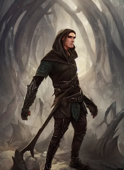 Image similar to a serious hooded half elf middle aged male rogue, strong, full body, 8 k, hyperrealistic, lowlife, ruffian, hyperdetailed, fantasy portrait by laura sava