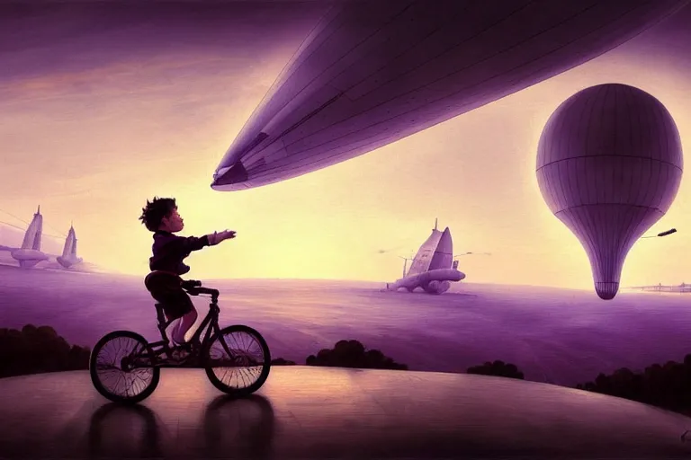 Image similar to kid rides a bicycle waving good bye to the airship at sunset, in the style of james jean, intricate and epic composition, purple by caravaggio, insanely quality, highly detailed, masterpiece, purple light, artstation, 4 k