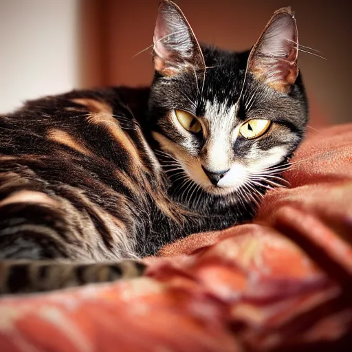 Image similar to sunbeam across a tortoiseshell cat napping on a bed, beautiful photo, natural light