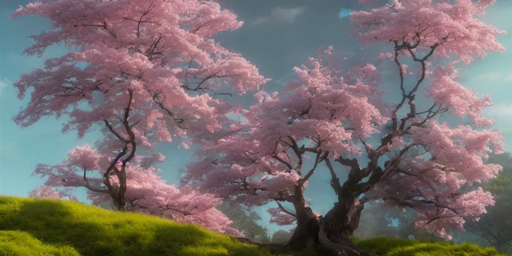 Prompt: a sakura tree, detailed oil painting, cinematic angle, hyperrealistic, breathtaking, volumetric lighting, dynamic, Studio Ghibli, digital art, octane render, epic composition, trending on artstation, masterpiece