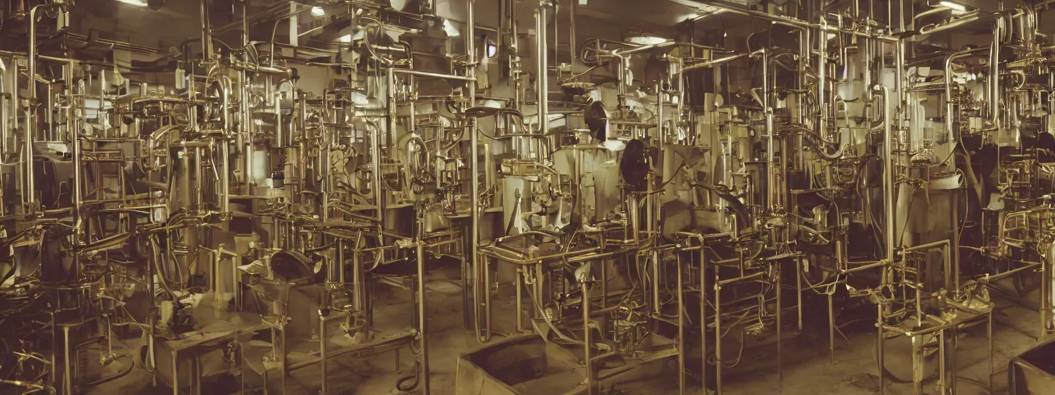 Image similar to oily apparatus for making snake oil, huge copper machine with purple and green snakelike pipework, barrels of snake oil in a disorganized factory in taiwan in 1 9 9 2 production line, golden hour lighting, film still from the uncle aloysius family medicine depot movie 3 d, 8 k, cinematic lighting