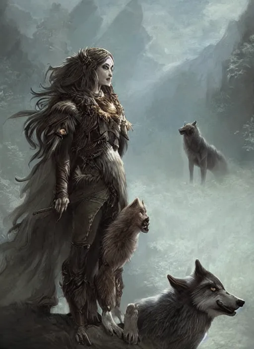 Prompt: digital _ painting _ of _ a female druid with her wolf companion _ by _ filipe _ pagliuso _ and _ justin _ gerard _ symmetric _ fantasy _ highly _ detailed _ realistic _ intricate _ port