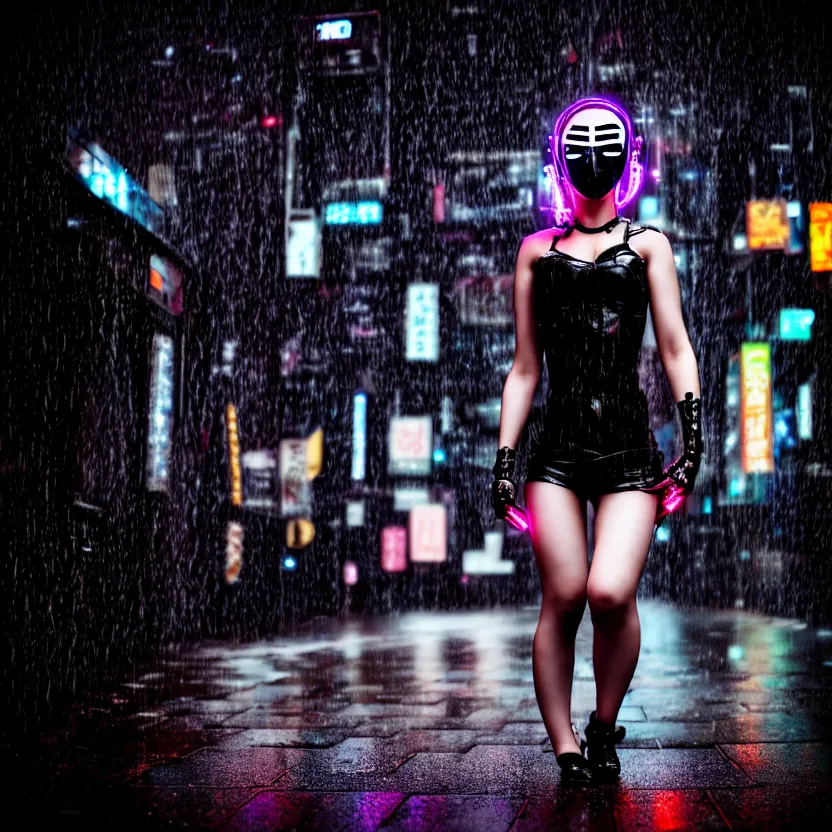 Prompt: a photo close up cyberpunk kubuki masked woman dancing in the rain, cyberpunk hiroshima, prefecture streets, midnight, photorealistic, cinematic lighting, highly detailed, bokeh, style by tomino - sama