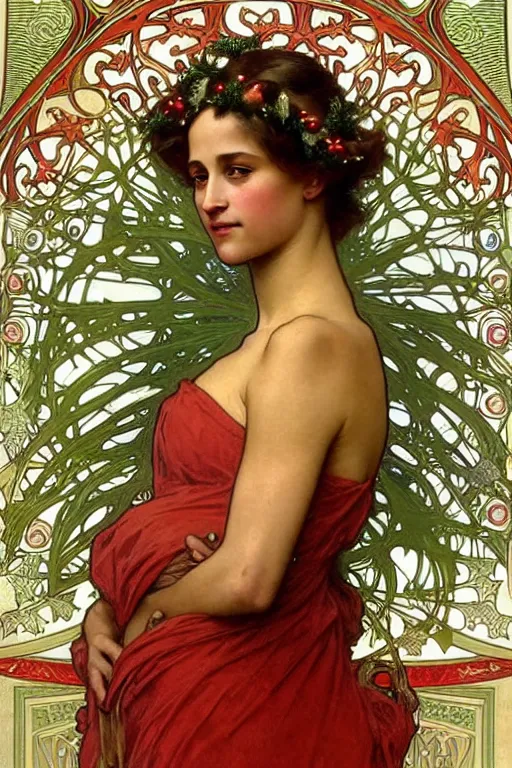 Image similar to realistic art nouveau style detailed portrait of alicia vikander wearing a holly wreath as a crown at christmas by alphonse mucha, william adolphe bouguereau, and donato giancola art nouveau style, red and green christmas colors