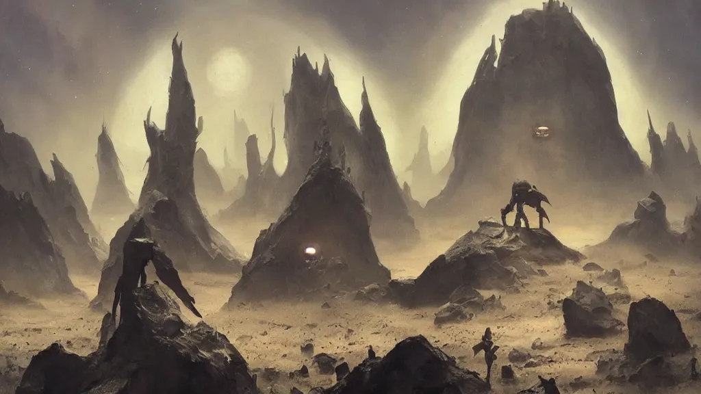 Image similar to eerie atmospheric alien worlds by john schoenherr and glenn barr, epic cinematic matte painting