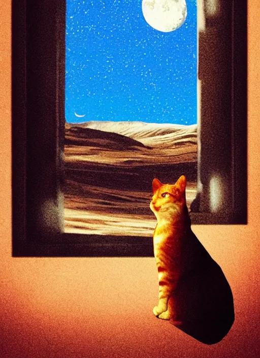 Image similar to cat is inside a window and is watching a martian landscape