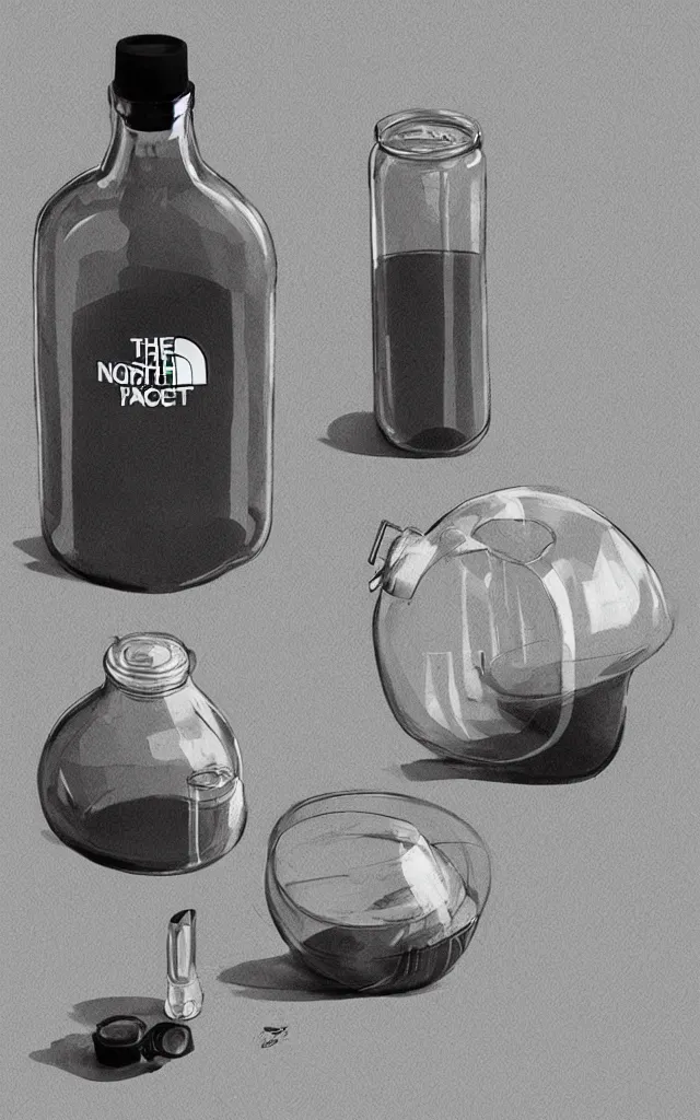 Prompt: the north face transparent bottle filled with milk, round bottle, black top, concept art, matte, sharp focus, illustration, art by aenaluck, artgerm, modern